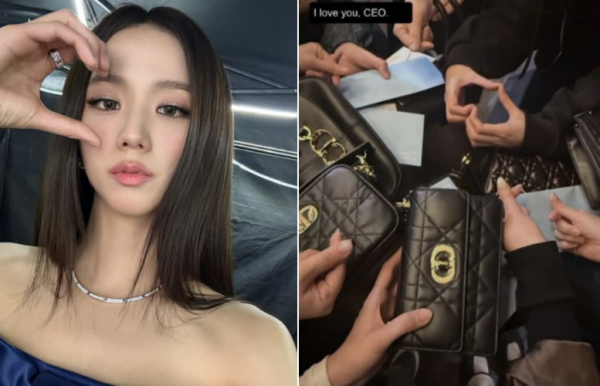 Jisoo poses for a selfie while staff members display gifted Dior handbags, holding them together and making heart gestures.