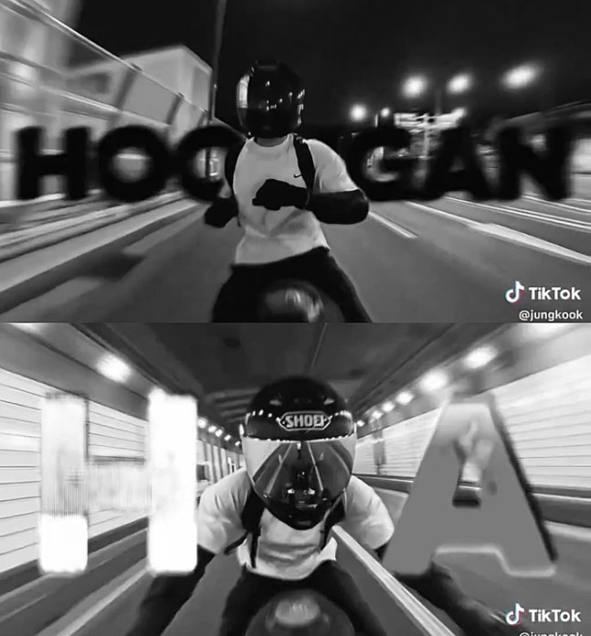 Jungkook rides a motorcycle through tunnels at night in a dynamic collage with bold text overlays.