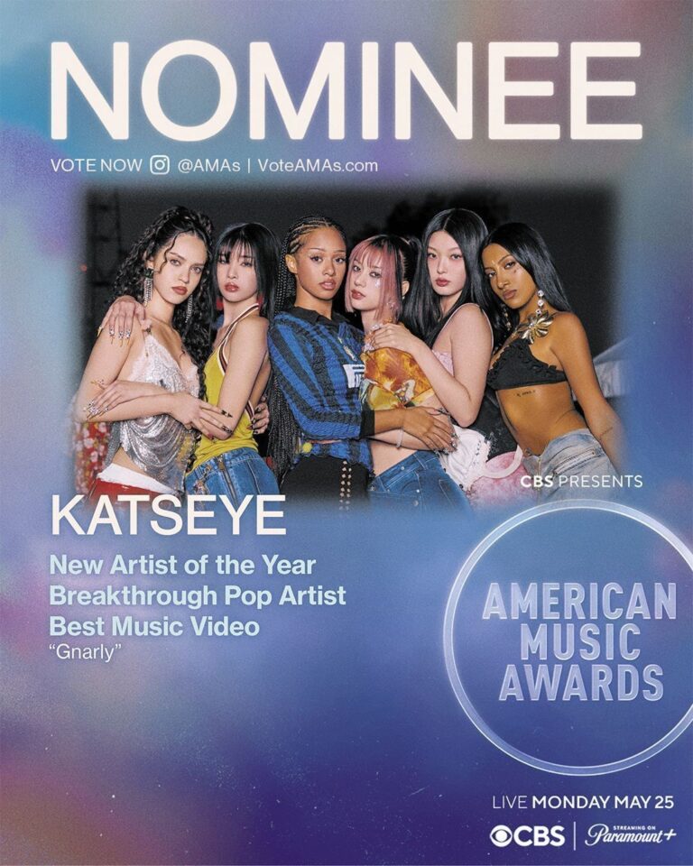 Six members of KATSEYE pose together in a promotional American Music Awards poster, with text highlighting their nominations.