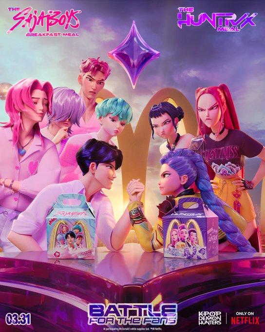 McDonald’s K-pop Demon Hunters promotional image featuring animated idol-style characters and themed meal boxes.