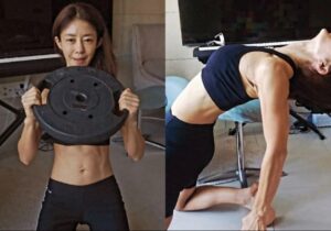 Lee Ji‑hyun demonstrates strength and flexibility in fitness poses indoors.