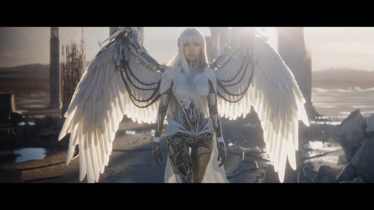 Screenshot from Lisa’s “Bad Angel” music video showing a futuristic cybernetic angel figure with mechanical wings.