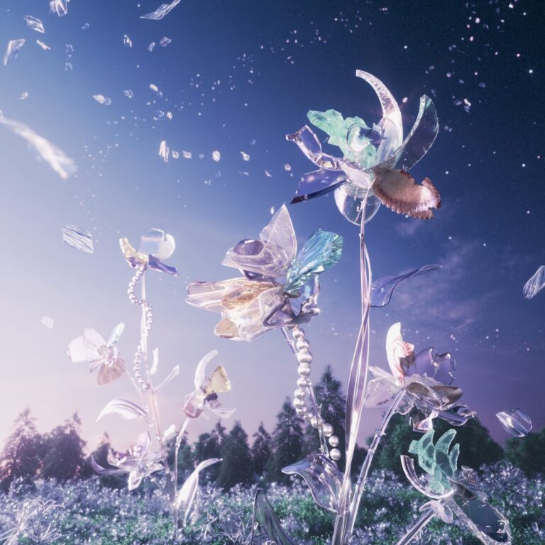 Surreal crystalline flowers glow under twilight sky with drifting shards in a dreamlike field.