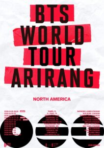 Official BTS ARIRANG North America tour poster with dates and stadium venues.