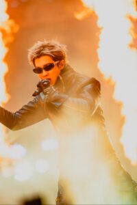 BTS member RM performs on stage at Tokyo Dome concert.