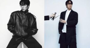 Sung Si Kyung in contrasting portraits—one in a black leather jacket, the other in a black textured suit.