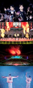 Collage of TVXQ’s Nissan Stadium concert showing performances, pyrotechnics, and a massive crowd of fans.