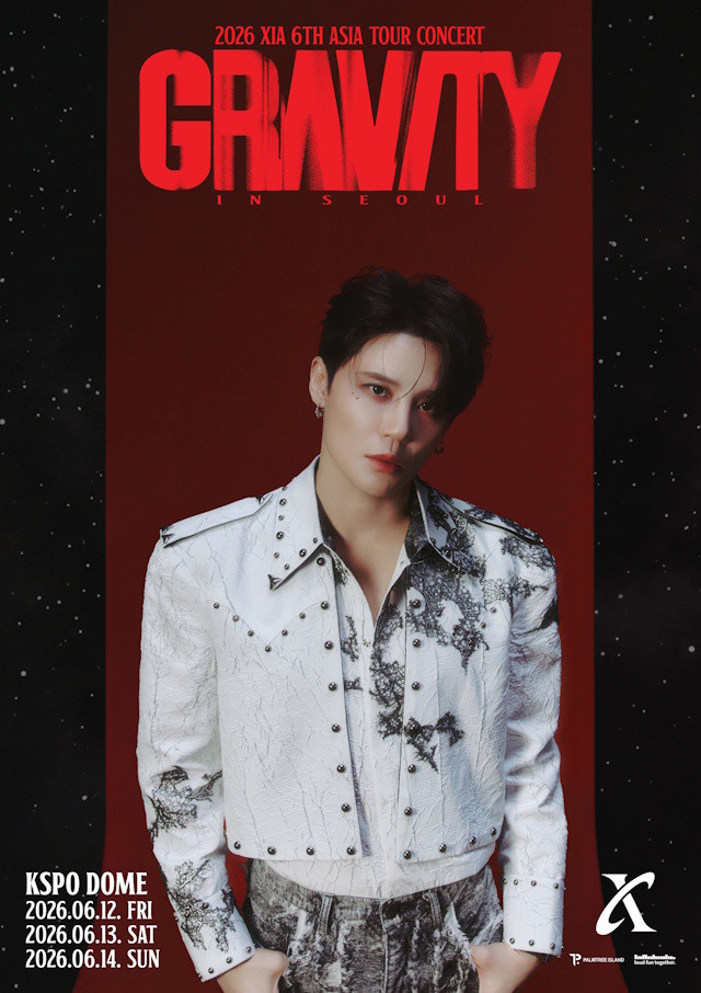 Kim Junsu in a studded white jacket on a red starry poster promoting his 6th Asia Tour “GRAVITY.”