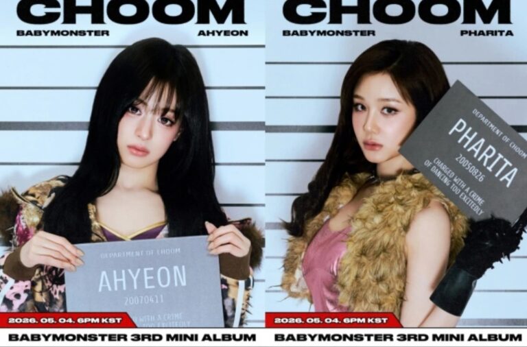 BABYMONSTER members Ahyeon and Pharita pose against a lineup backdrop in mugshot-themed teaser posters for their new album.