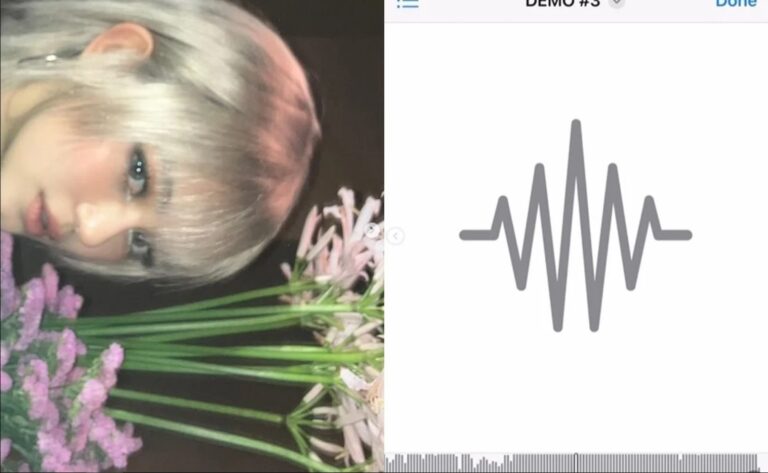 Danielle from NewJeans leaning near pink flowers, paired with a digital “Demo #3” audio interface.