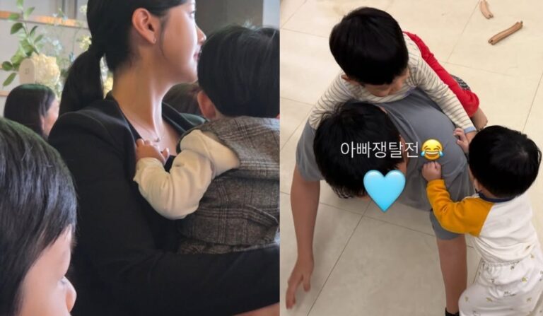 Na Hye-mi holds child at wedding while Eric plays with their two sons at home.