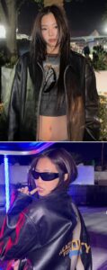 A collage shows Jennie in two nighttime poses: one in front of a tree wearing a leather jacket, and another with sunglasses and a finger near her mouth under blue lighting.