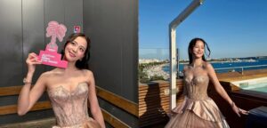 isoo poses indoors with her “Rising Star Award” trophy, and outdoors in a strapless gown on a terrace by the sea.