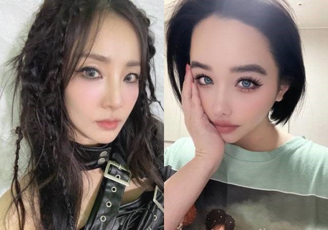 Side-by-side portraits of Sandara and Bom, showcasing contrasting styles—one edgy with braids and leather, the other casual with a soft look.