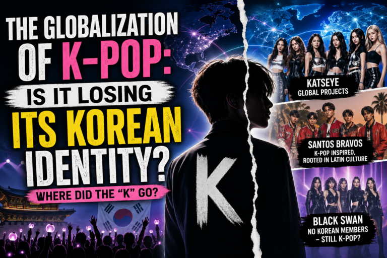 K-pop globalization concept thumbnail showing a split silhouette of an idol, global map visuals, and multinational girl groups representing the debate over Korean identity.