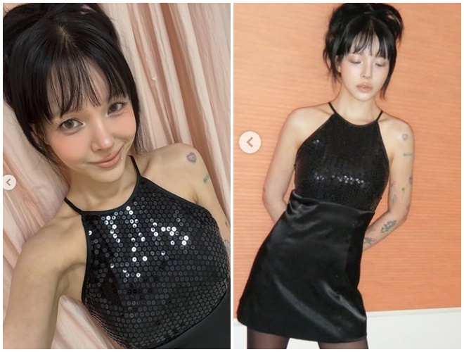 Former AOA leader Jimin poses in a chic black mini dress with sequined details, showing her tattoos and confident style in various mirror selfies and indoor shots.