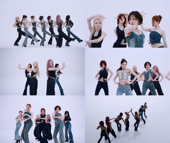Billlie members performing synchronized choreography in denim and black outfits against a white studio background.