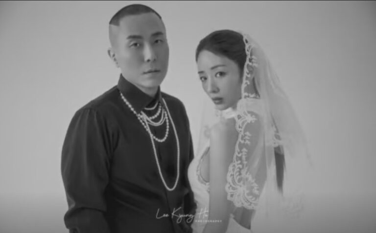 Yoon Bomi in a lace bridal veil beside Rado in a black shirt and pearl necklace, posing for a monochrome wedding shoot.