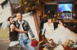 Yoon Bomi and producer Rado smiling and embracing outdoors, then recording together in a studio.