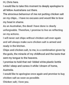 A humorous apology letter written by Bang Chan about forgetting chicken salt on chips.