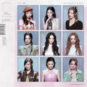  A 3×3 grid of I.O.I members against a gray-blue background, styled in vintage-inspired outfits with the text “I.O.I : LOOP” and “The 10th Anniversary Project.”