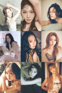 A collage of nine portrait photos of I.O.I members, each posing individually in soft lighting with varied outfits and hairstyles.