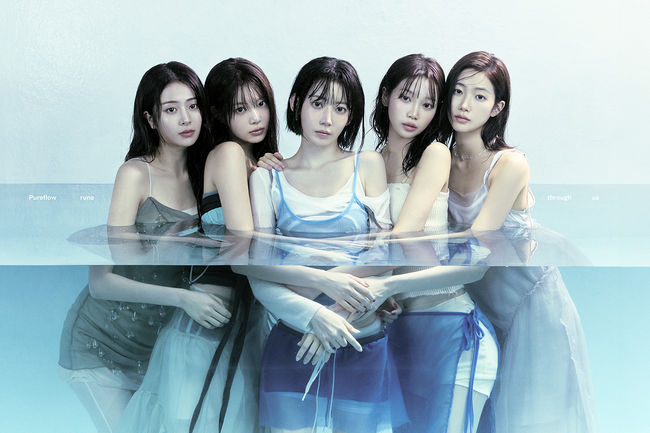 Members of LE SSERAFIM appear in dreamy underwater-themed concept photos, each posing in water or against reflective surfaces with ethereal lighting and flowing outfits.