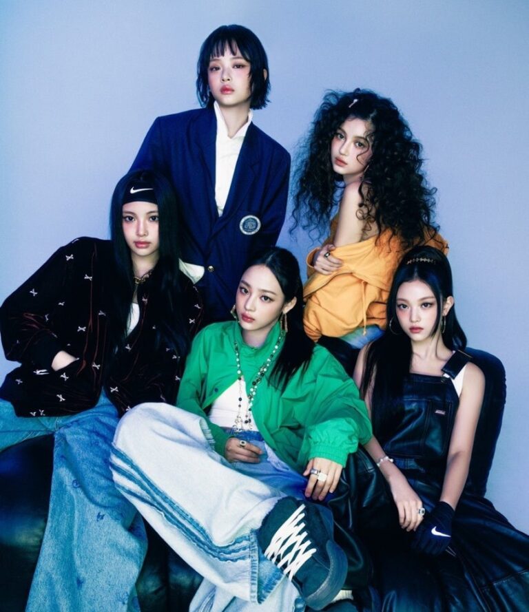 Members of NewJeans pose for a photo shooting.