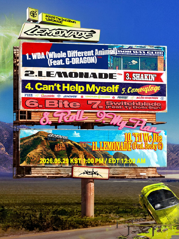 Colorful billboard showing aespa’s LEMONADE tracklist and collaborations with global artists.