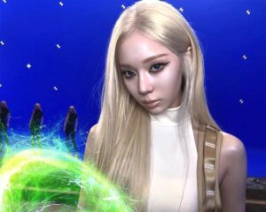 A digitally stylized image of Winter with platinum‑blonde hair, glowing green effects, and sharp features.