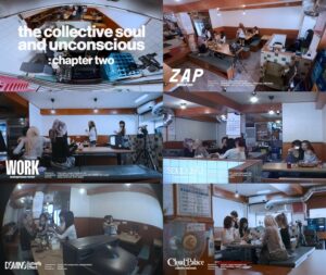 Billlie members gathered in a café setting with food and filming equipment, featured in remix sampler collage.