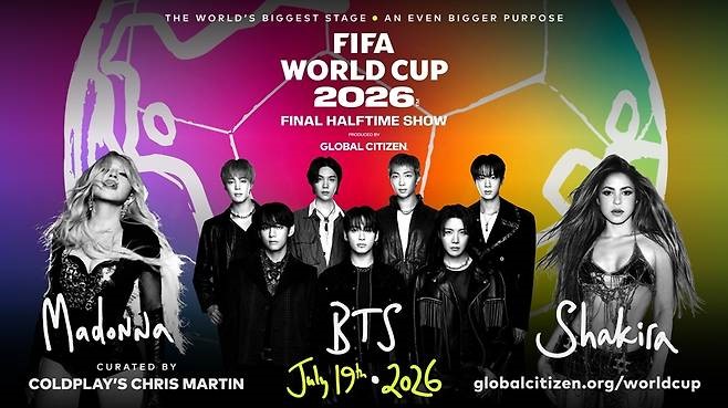 Promotional poster for the FIFA World Cup 2026 Final Halftime Show featuring BTS, Madonna, and Shakira against a colorful soccer ball background.