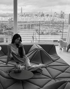 Jang Wonyoung lounging on a geometric red sofa in her UN Village residence, surrounded by stylish furniture and large windows overlooking Seoul’s skyline.