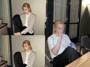 Jimin sits indoors wearing a white T-shirt and light jacket. His long blonde hair is styled loosely, visible from different angles.