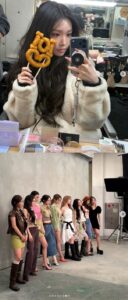 Chungha takes a mirror selfie holding a pastry shaped like a smiling face, with makeup items on the table; below, I.O.I members line up for a group photoshoot in varied stylish outfits.