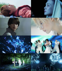 Collage of SHINee members in cinematic scenes featuring close‑ups, dance performances, and fireworks, reflecting the visual concept of their “Atmos” music video.
