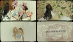 Four vintage-style frames show Secret members in floral scenes and lace details, ending with “2026.06.18 Thu 18:00 KST.” Korean text expresses longing for a pure, past summer.