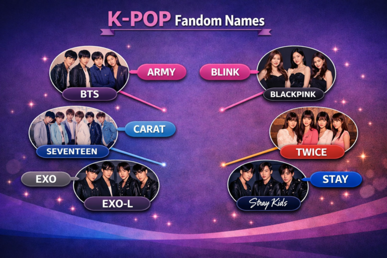 The inforgraphic shows K-pop groups and their fandom names.