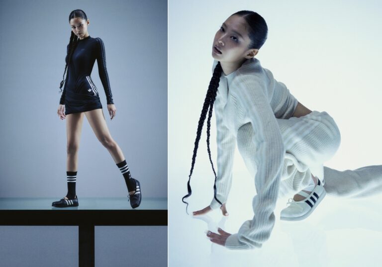 Jennie showcases contrasting looks—sporty black Adidas outfit with stripes and a cozy cream knit set with Adidas sneakers.