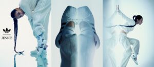 Jennie in all-white ribbed Adidas ensemble with dramatic braid, highlighting shoes and dynamic movement in a triptych ad.
