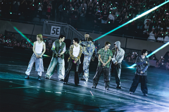BTS performs on stage during the group’s ARIRANG world tour.
